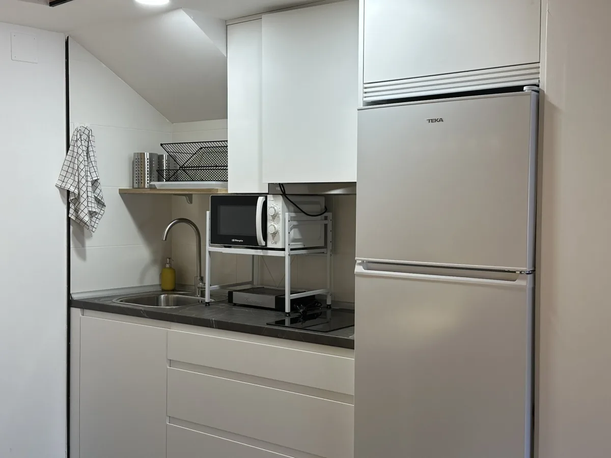 Cocina compartida del albergue con fregadero, microondas y frigorífico